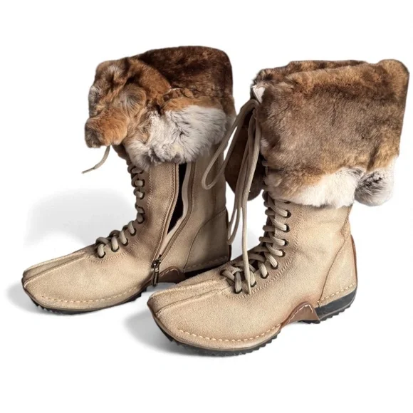 Natural Fur + Shearling-Lined Winter Boots – Tan Suede Lace-Up & Zipper - Picture 2 of 10